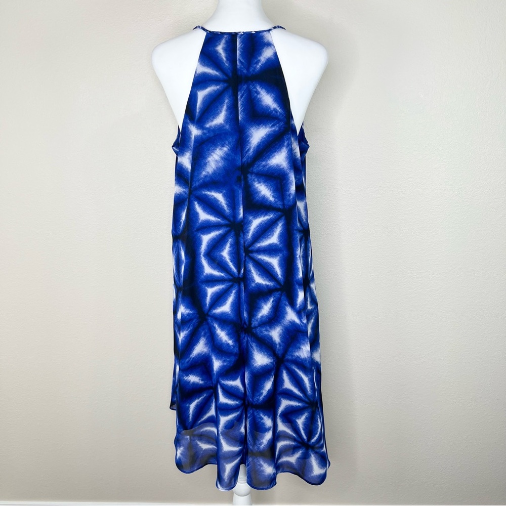 Calvin Klein Blue Chiffon Sleeveless V-Neck Flowy Asymmetric Trapeze Dress - Picture 6 of 12